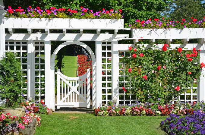 White garden gate with flowers